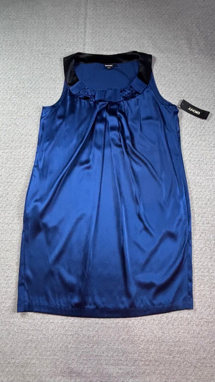 NWT DKNY Silk Sapphire Blue & Black Trim Dress Sz L Elegant New Navy